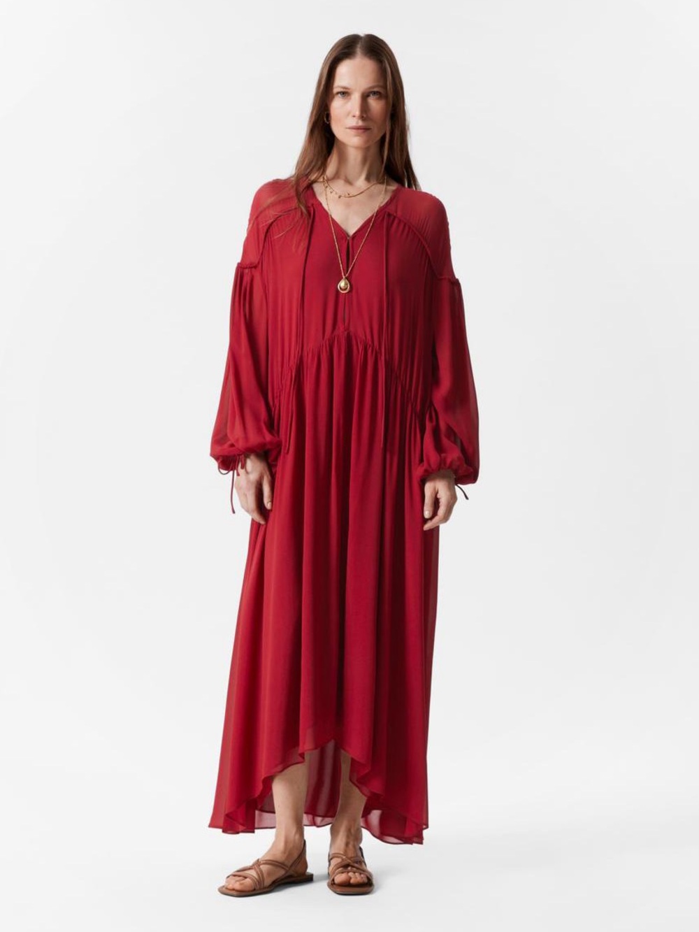 & Other Stories Flowy Red Long-Sleeve Maxi Dress Bishop Sleeve Drop Shoulder